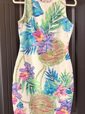Jennifer Lopez White Tropical Print Sheath Dress